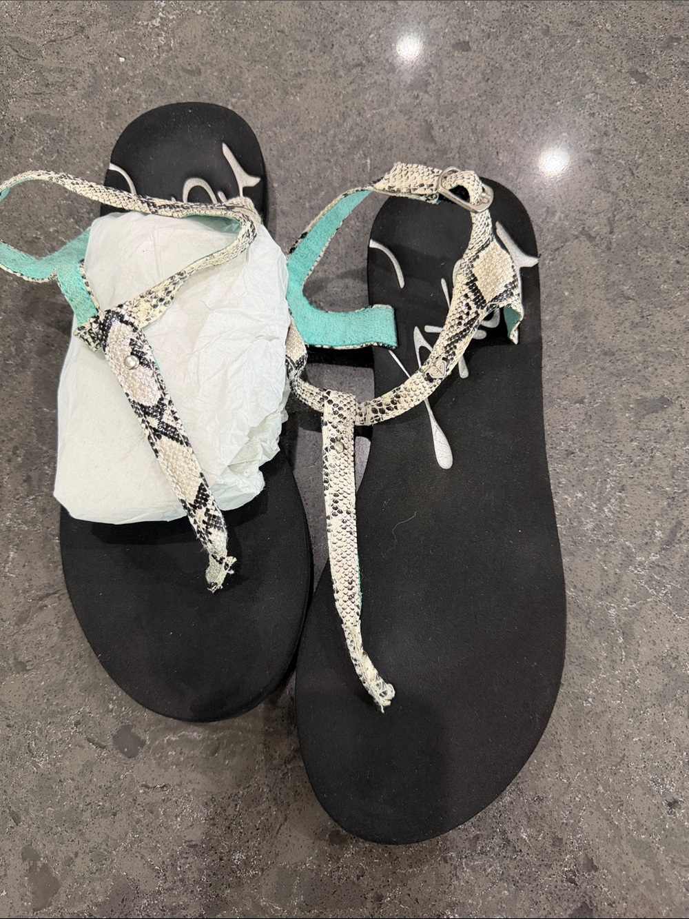 Roxy Black Sandals with Snake-Print Straps and Teal Accents